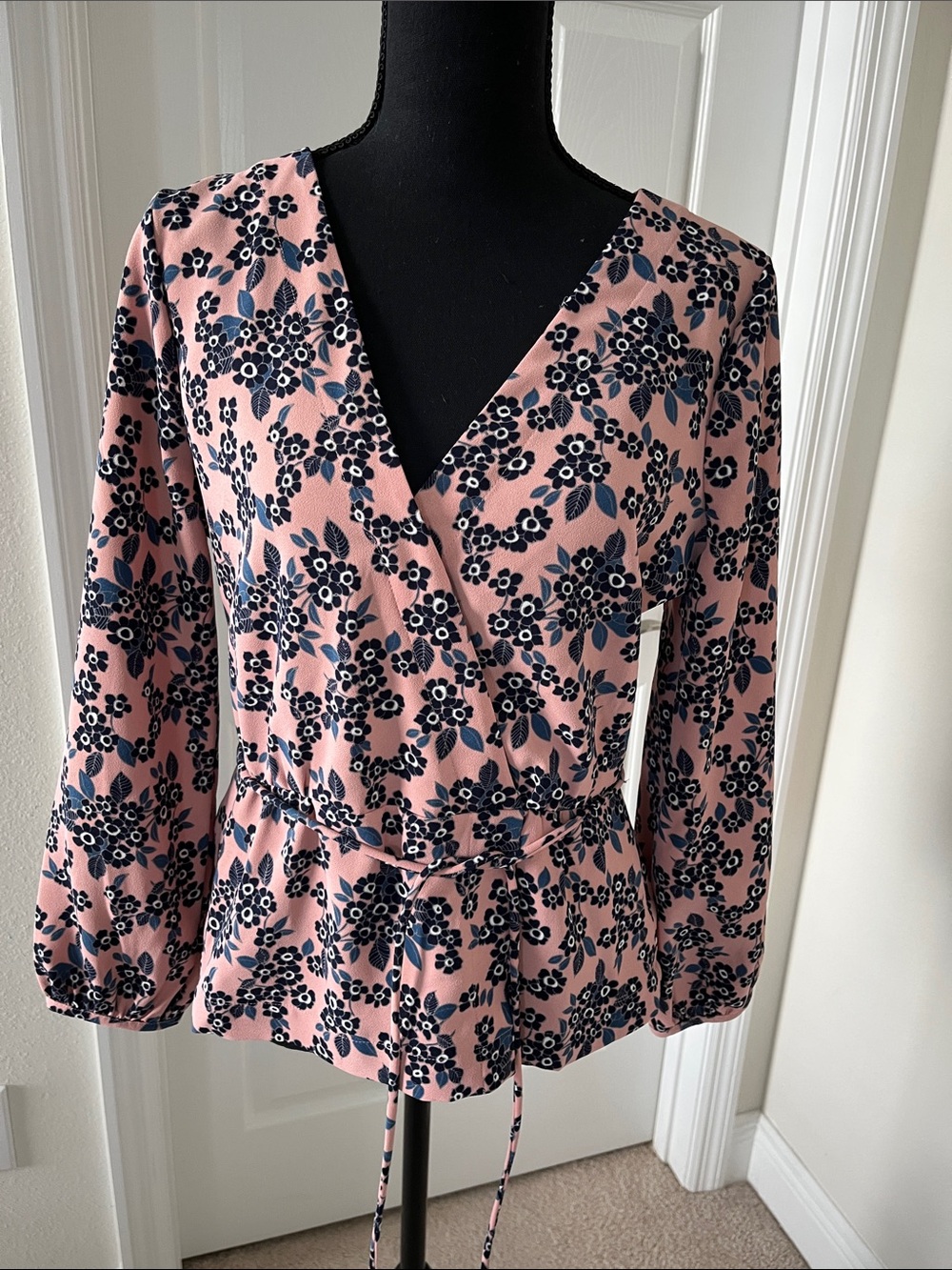 J. Crew Pink Floral Blouse with Navy Print